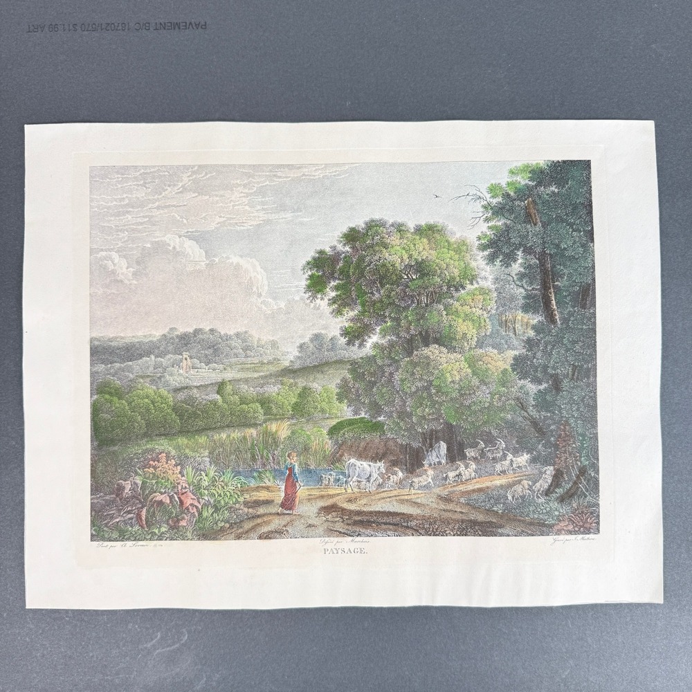 Antique French Hand Colored Engraving "Paysage" Claude Lorrain J Mathieu c1830